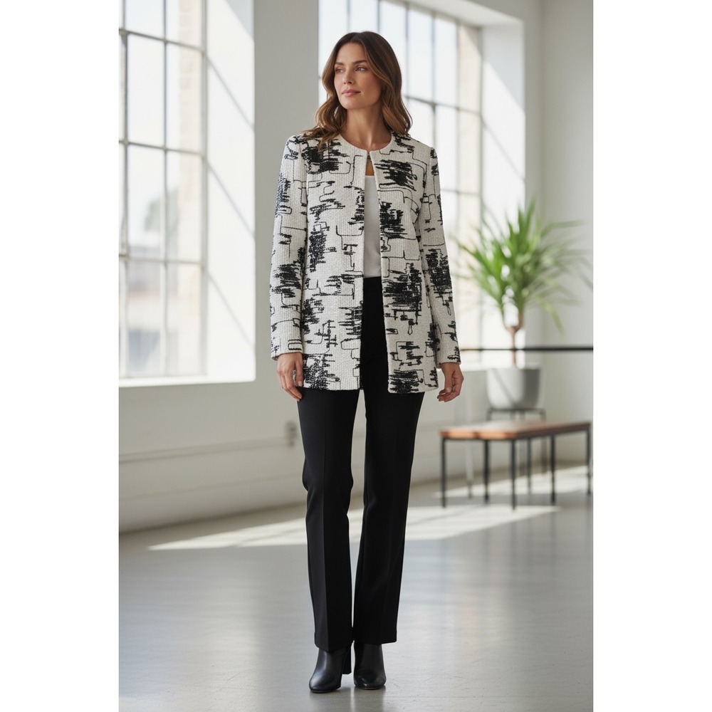 St.‎ John Collection Women's Blazer Jacket Size 12 White Black Abstract